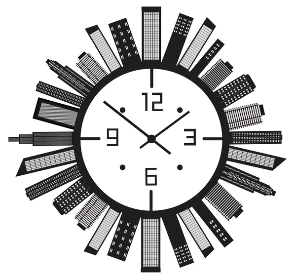 Reloj con edificios . — Vector de stock