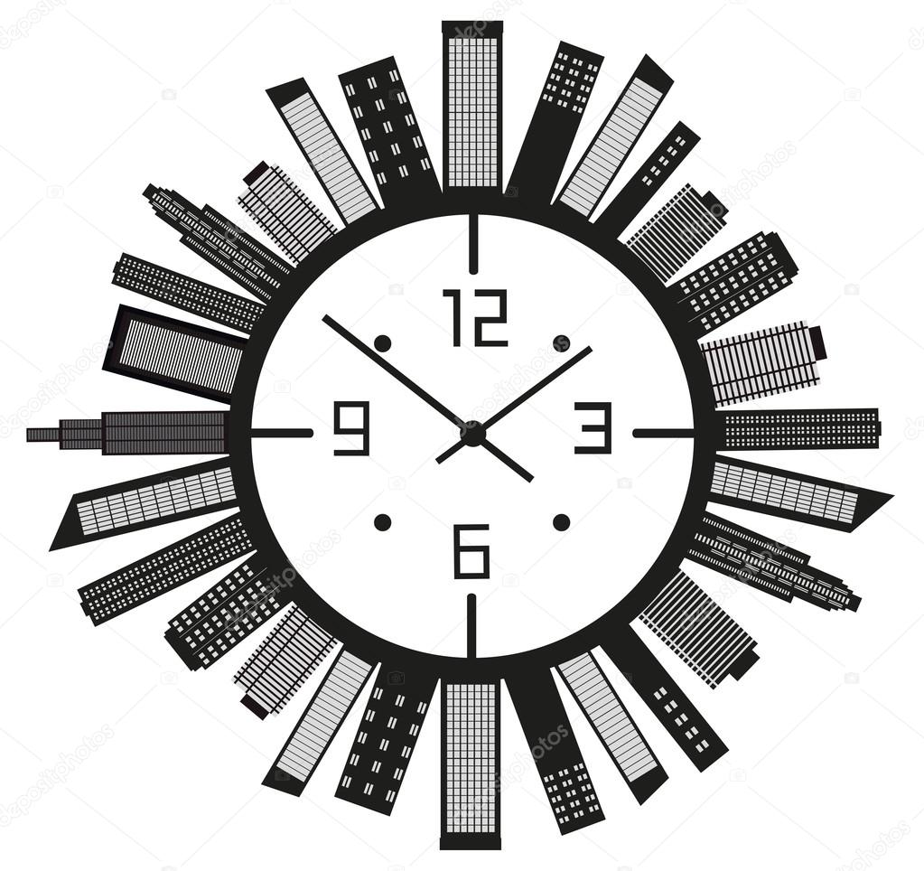 Clock with buildings.