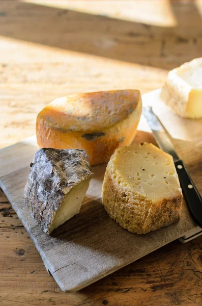 素朴な木の板で新鮮なファーム自家製のおいしいチーズ選択 ストックフォト