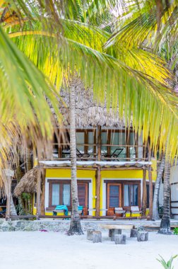 Tropical villa view through palm trees at exotic sandy beach clipart