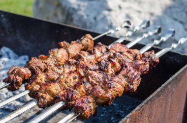 Mangal Şiş kebap et domuz açık havada çekim kadar kapatın