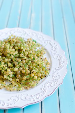 Fresh white currant on plate on rustic wooden turquoise table background