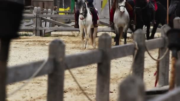Călăreți de cai cu steaguri care vin în piața principală din orașul antic. Performanță — Videoclip de stoc