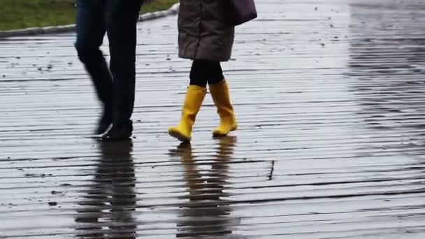 Menschen gehen im Regen auf einem hölzernen Damm, düsterer und dunkler Herbsttag — Stockvideo