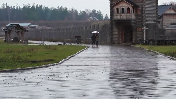 Beste vrienden wandelen in de regen in het architecturale complex. Regenachtige herfst — Stockvideo