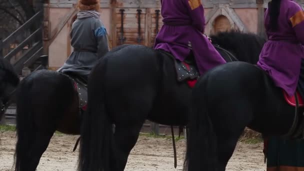 Actors dressed in medieval costumes playing roles of envoys on horseback — Stock Video