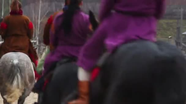 Riders on pedigreed horses arrive in medieval town. Historical reenactment — Stock Video