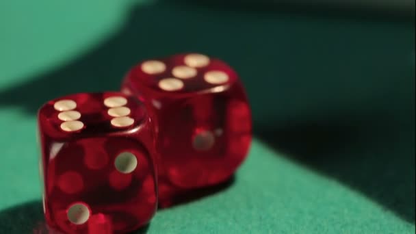 Close up shot of dice and gambler's hand holding pair of aces, game addiction — Stock Video