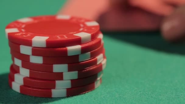 Spieler checkt Karten, bevor er wettet, pokert vorsichtig, um große Bank zu gewinnen — Stockvideo