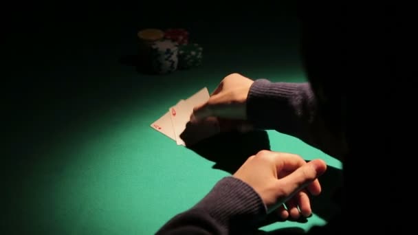 Shadow of lucky poker player winning bank in casino, man succeeded in gambling — стоковое видео