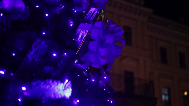 El árbol principal de Año Nuevo que adorna la plaza central de la ciudad vieja europea para las fiestas — Vídeo de stock