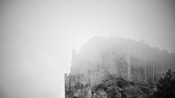 Filme de suspense em preto e branco. Edifício de pedra antiga cheio de fantasmas terríveis — Vídeo de Stock