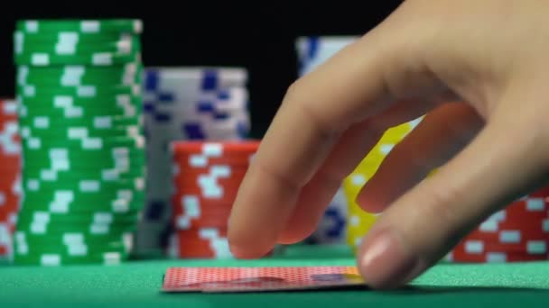 Poker game, player holding winning hand, pair of aces. Successful person, winner — Stock Video