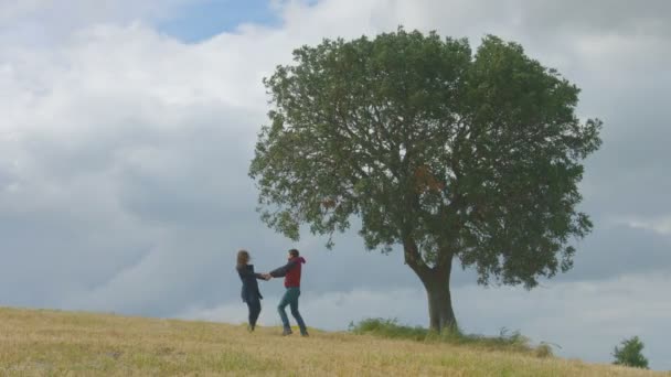 Amigos felices bailando en el campo, tomados de la mano, disfrutando del éxito, libertad, naturaleza — Vídeos de Stock