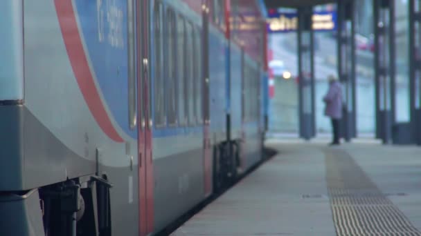 Поезд отъезда, старуха машет рукой своим родственникам, путешествует, медленный-мо — стоковое видео