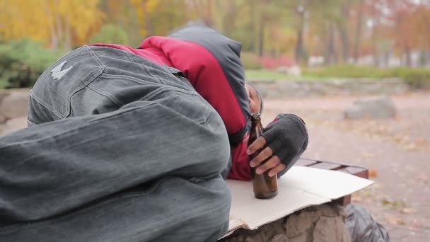 Невезучий пьяный мужчина засыпает на скамейке в городском парке, зависимость от алкоголя — стоковое видео