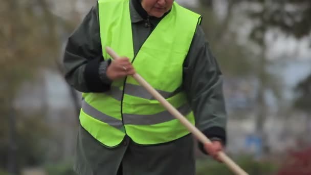 Sfortunata donna anziana spazzare strada in autunno, lavorando sodo per ottenere un salario basso — Video Stock