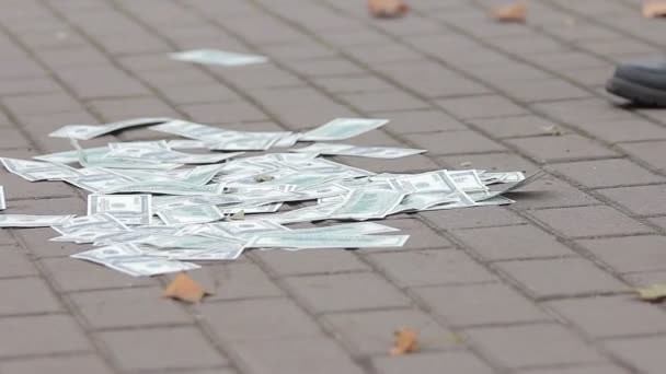 Pessoa varrendo dólares americanos em pilha na rua da cidade, ativos depreciados — Vídeo de Stock