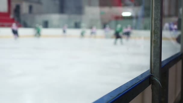 Gegnerische Eishockeymannschaften spielen Match, Spieler Körperkontrolle Rivalen auf der Eisbahn — Stockvideo