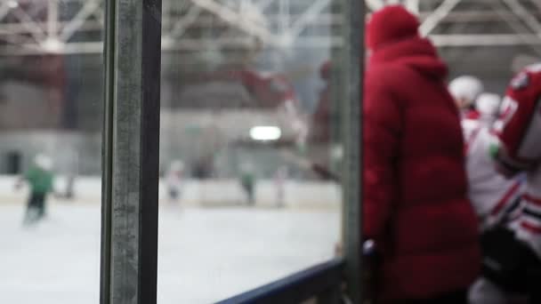 Πάγου χόκεϊ παίκτες εισέρχονται παγοδρόμιο να αντικαταστήσει τους συμπαίκτες υπό έλεγχο του προπονητή — Αρχείο Βίντεο