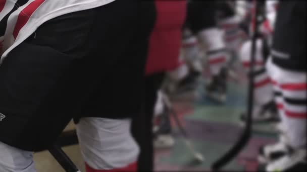 Pieds des joueurs de hockey portant l'uniforme et les lames de l'équipe, se préparant pour le match — Video