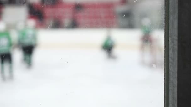 Le squadre di hockey su ghiaccio iniziano a giocare una partita, difendendo la rete dagli attacchi dei rivali — Video Stock