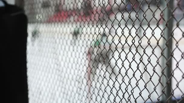 Aktivní útok hokejistů týmu na net soupeře, brankář umožňuje v cíli — Stock video