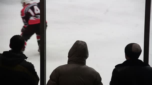 Nervöse männliche Fans verfolgen angespanntes Eishockeyspiel und unterstützen Nationalmannschaft — Stockvideo