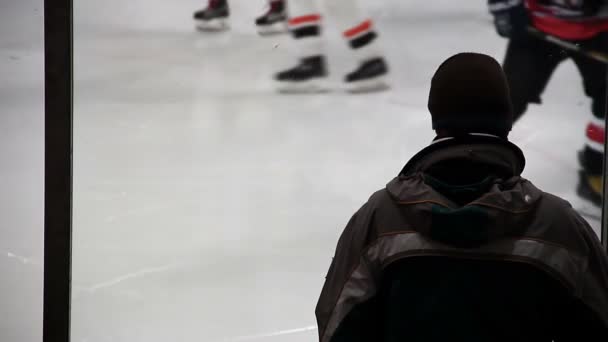Streng trener ser ishockeyspillere øve på isbane, sett bakfra – stockvideo