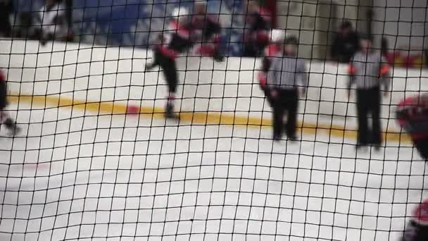 Två domare tittar på ice hockey match uppmärksamt, lagspelare växling — Stockvideo