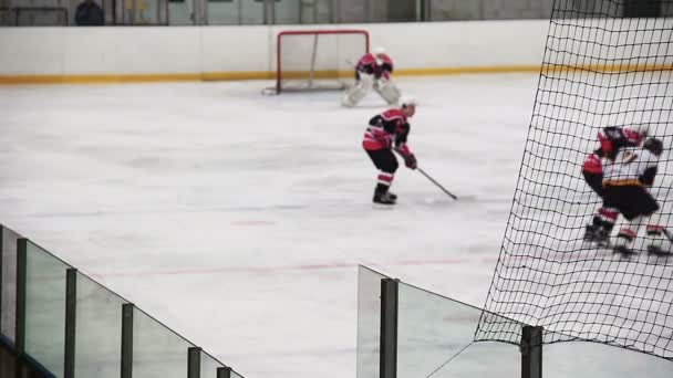 Konkurrens mellan manliga hockey lag på ishallen, spelare försvara målet veck — Stockvideo