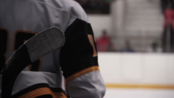 Hockeyspelers zitten op de Bank, wachten op hun beurt in te voeren van de ijsbaan — Stockvideo