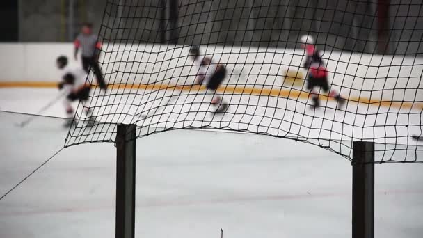 Гравці хокейної команди поспішають атакувати мережу суперників, арбітр дивиться гру — стокове відео