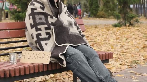 Hungry homeless frozen man sitting on bench and trying to get warm, poverty — Stock Video