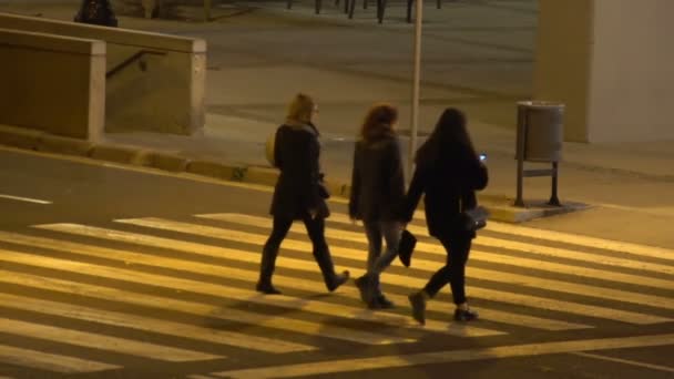 Jovens mulheres atravessando a rua e indo ao clube noturno, à noite na cidade — Vídeo de Stock