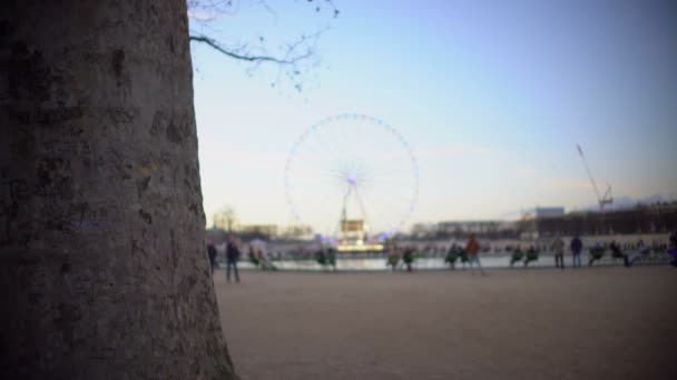 Viele Menschen genießen Erholung im Vergnügungspark, Riesenrad funkelt mit Lichtern — Stockvideo