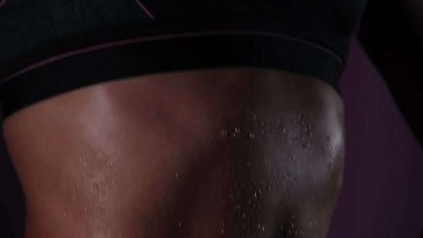 Corpo quente de atleta feminina com barriga lisa perfeita, mulher mostrando músculos ideais — Vídeo de Stock