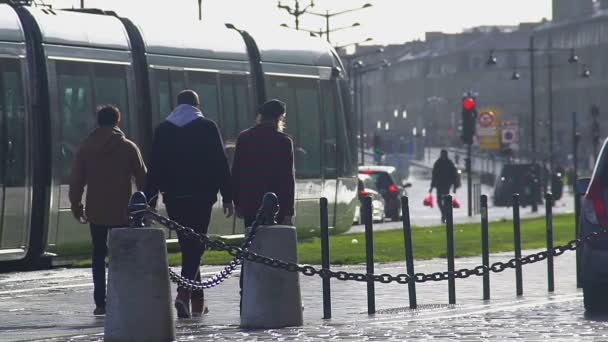 People walking down street, talking about life, city transportation, urban life — Stock Video