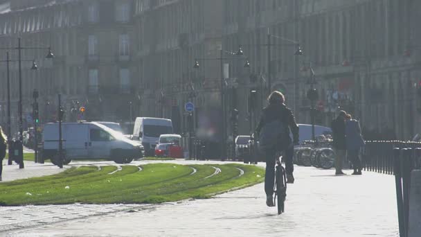 Atletic om de echitatie biciclete lângă piste de cărucior, trafic urban, transport — Videoclip de stoc