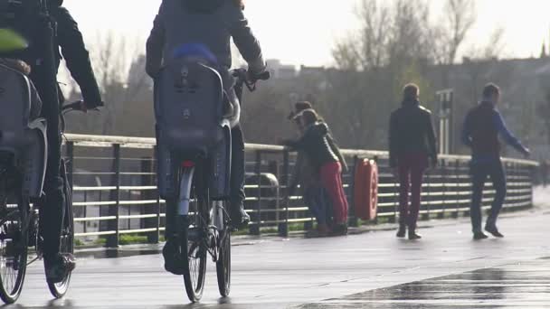 Parents riding bikes with their kids, family values, happy weekend. Slow motion — Stock Video