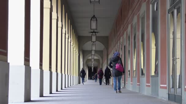 Pedestrians walking through passage of shopping mall, looking at items for sale — Stock Video