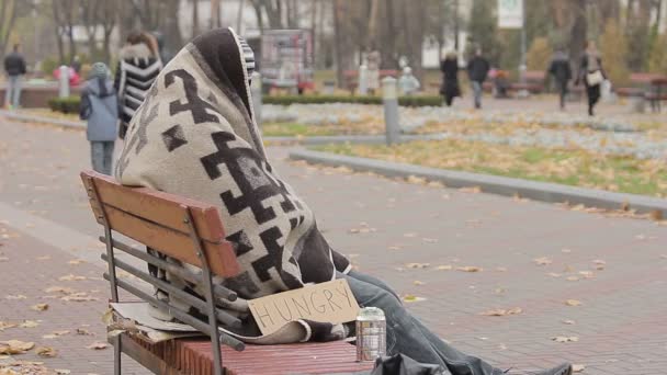 Éhes koldus ül a hideg park, sok ember, elhaladó közömbösen — Stock videók