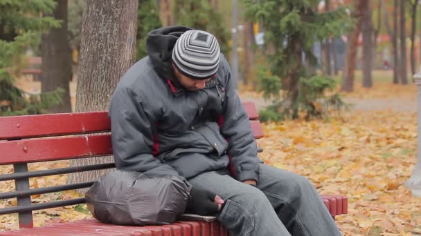 Hombre adicto a la bebida durmiendo en el banco en el parque de otoño, problema de abuso de alcohol — Vídeo de stock