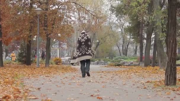 Strano uomo che vaga nel parco cittadino coperto di coperta, malato di mente — Video Stock