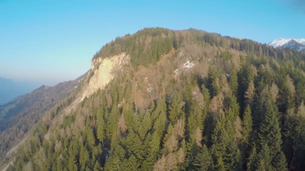 Tiro aéreo da montanha rochosa alta coberta com floresta selvagem grossa, ar limpo — Vídeo de Stock