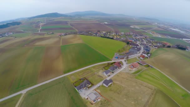 Colpo aereo di pascolo verde, campi coltivati, fattorie e cottage. Agricoltura — Video Stock