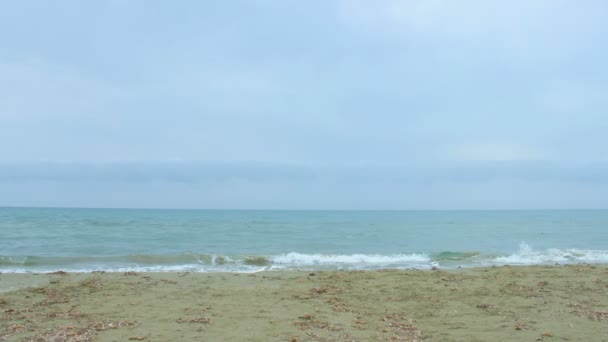 모래 해변과 멀리 지평선에 튀는 짠 파도 함께 아름 다운 바다 경치 — 비디오