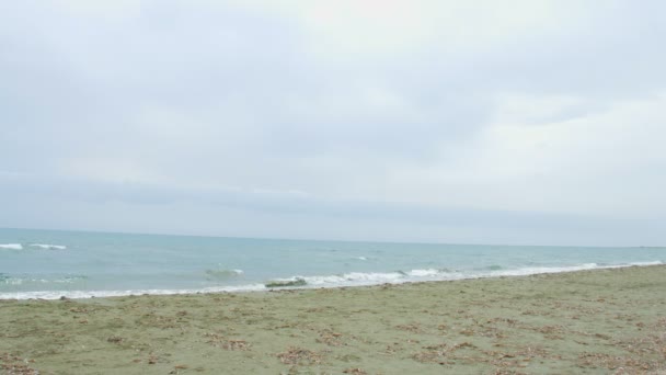 Stormiga havet, grå moln på horisonten. Unga brunett kvinna kör på stranden — Stockvideo