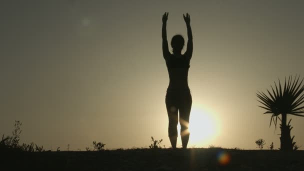 Silhouette di donna che pratica yoga nei raggi dell'alba. Equilibrio tra corpo e mente — Video Stock