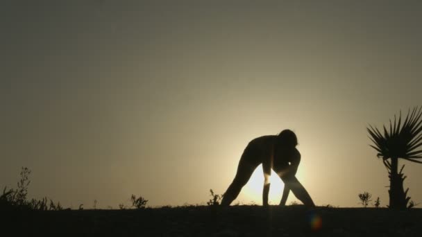 积极女人练习瑜伽的立场，在日落时做练习的剪影 — 图库视频影像